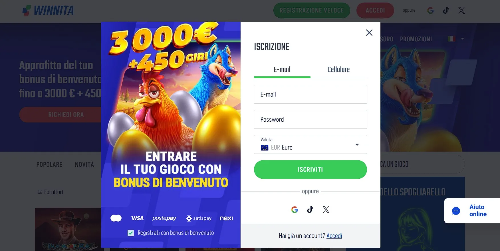 Winnita Casino, il bonus di benvenuto fino a 3000 euro e 450 giri per l'Italia